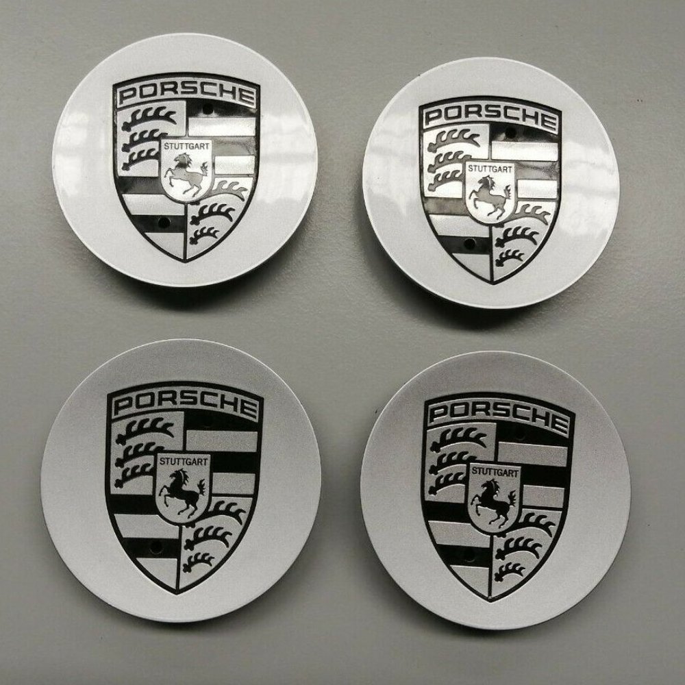 76mm Silver/Black center caps, fits Cayenna Carrera Porsche 911 rims, set